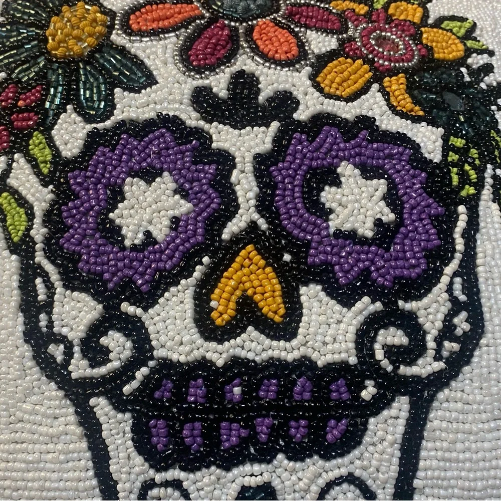 Hand Beaded Sugar Skull Decorative Accent Pillow